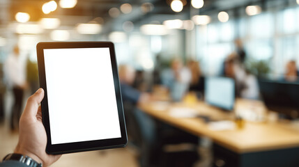 entrepreneur hand holding modern tablet with blank screen