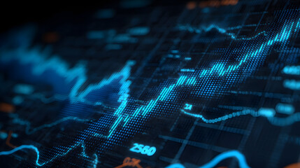 Dynamic financial data display with blue abstract graphs and digital interface