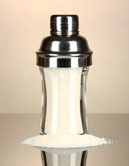 Salt Shaker With White Salt Spilling Onto a Reflective Surface in a Kitchen Setting
