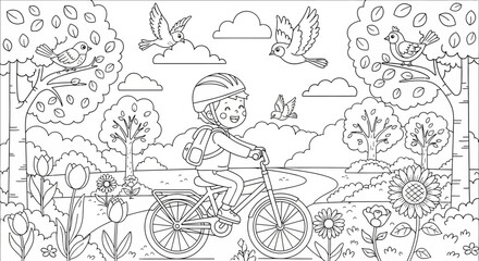 Fototapeta premium Cheerful Little Girl Riding Bicycle in Park with Birds and Flowers Coloring Page