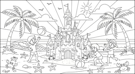 Obraz premium Happy Children Playing on Beach with Sand Castle and Palm Trees Coloring Page