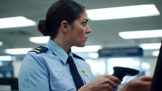 Focused officer scanning items with barcode reader in a bright retail environment atmosphere