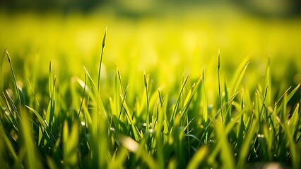 Lush spring grass field with soft sunlight and green tones fading into dreamy bokeh.