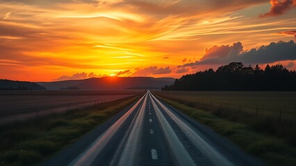 Naklejka premium Country road splitting under sunset sky, symbolizing life choices and new beginnings.