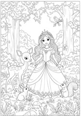 Coloring Page Princess, Deer, Rabbit, Squirrel, Bird, Trees, Forest, Fantasy Illustration.