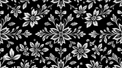 Fototapeta premium Intricate black and white floral pattern featuring stylized flowers, leaves, and branches creating a repeating design.
