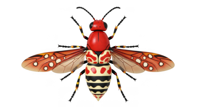 A striking red and black striped wasp with patterned wings, isolated on a transparent background