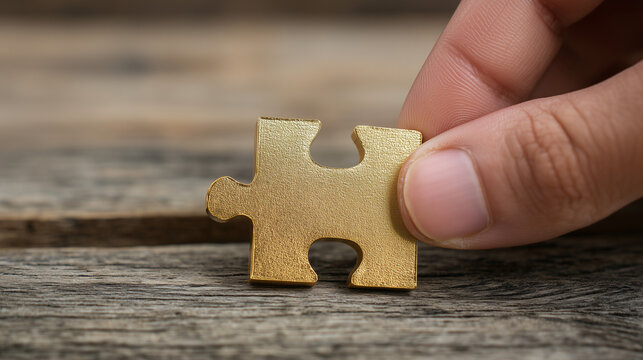 hand holding single puzzle piece, symbolizing problem solving in business
