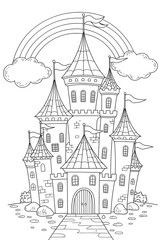 Fairytale Castle Coloring Page with Rainbow, Clouds, Flags, Towers, and Gates, Printable Illustration
