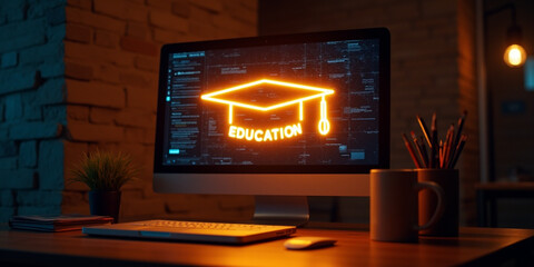 Neon graduation cap symbol illuminates computer screen