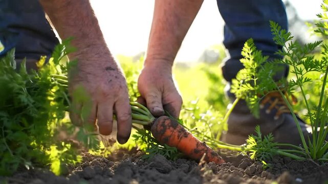 Hands harvesting fresh carrot in garden