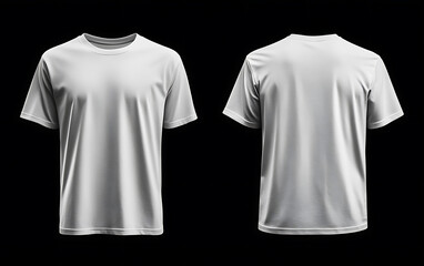 Front and back views of a blank white t-shirt for mockup template on black background.