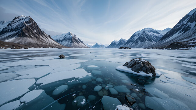 Frozen Vestpolltjonna bay. Lilandstinden-Geitgallien-Durmalsfjellet mounts background. Austvagoya island-Nordland fylke-Norway. 0102-2