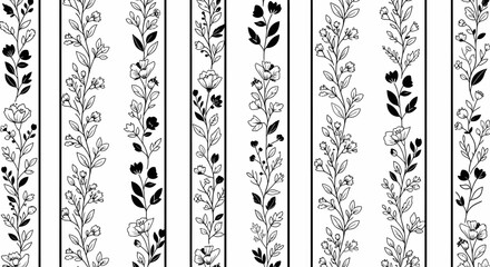 Elegant black and white floral vines arranged in vertical strips, creating a decorative pattern. © shankara