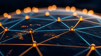 The image depicts a network of interconnected nodes with glowing points, which represents global communication, data transmission, or a complex system model.