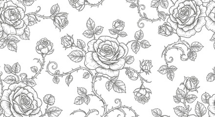 Elegant monochrome rose pattern, intricately detailed floral design, repeating seamlessly. © shankara