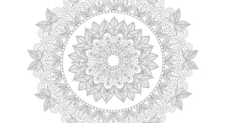 Intricate circular mandala design featuring floral and geometric patterns, suitable for coloring or decorative purposes.