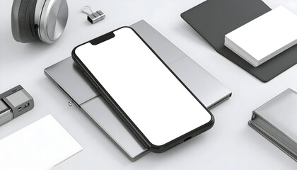 Minimalist Workspace Featuring a Smartphone on a Sleek Laptop Surrounded by Office Supplies and Stationery