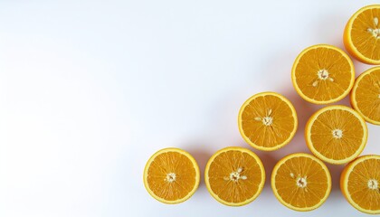 Sliced orange set flat lay on white background with vibrant citrus detail, perfect for food packaging, healthy lifestyle themes, juice branding, fresh market promotions, and modern culinary design