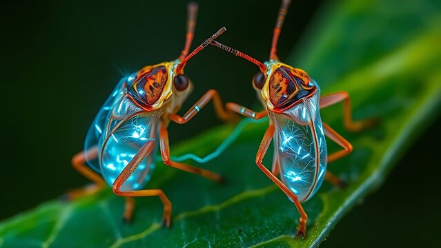 Fantastically shaped treehoppers with electrical charge visualizations surrounding their uniquely evolved bodies