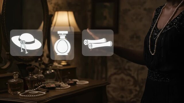 Augmented Reality allows an elegant adult woman to select vintage 1920s flapper fashion accessories on a futuristic interactive display in her timeless dressing room.