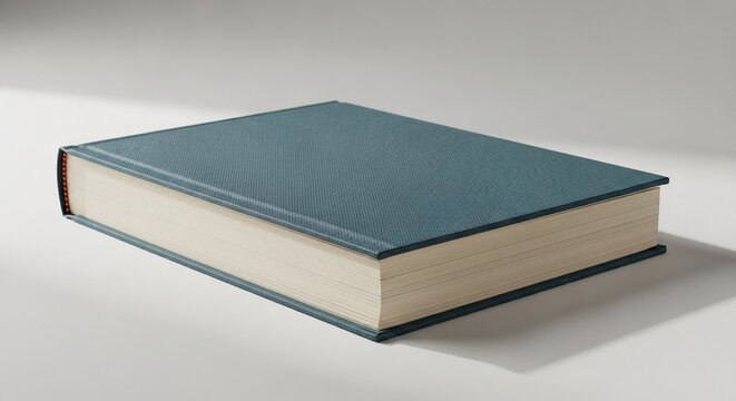 Thick Hardcover Book with Textured Blue Cover and Red Endpapers on White Background