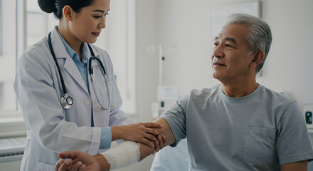 Doctor attending to senior patient with bandaged arm in hospital for examination and treatment