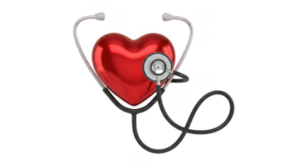 Red heart with a stethoscope, isolated on transparent background, symbolizing health and medical care