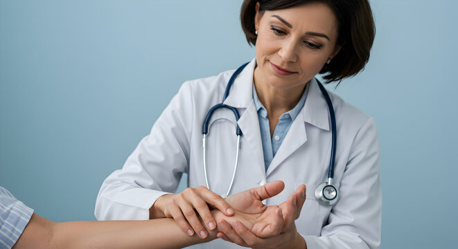 Female doctor examining patient's hand. Healthcare professional conducting a medical check-up in a clinic.