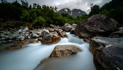 Serene Long Exposure of Flowing Water Over Rocks