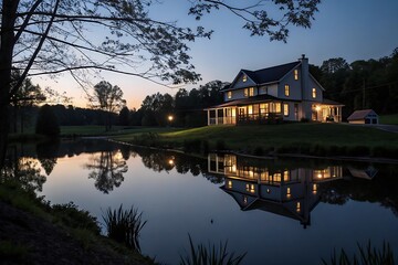 Obraz premium Serene Twilight Reflection: A Picturesque Farmhouse by the Lake at Dusk