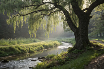 Naklejka premium Willow Tree beside Small Forest Stream with Hanging Branches under Soft Daylight