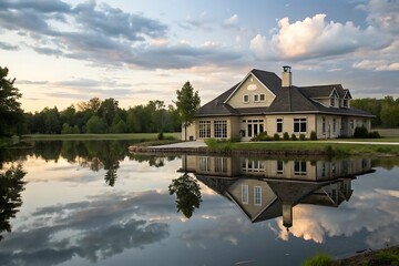Obraz premium Stunning Reflection of a Lakeside House at Sunset, Serene Landscape Photography