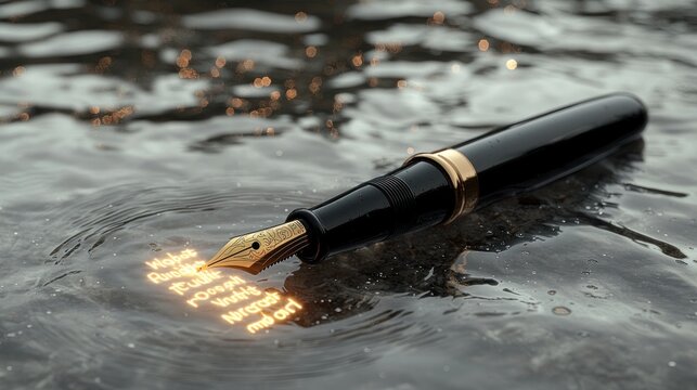 fountain pen, its nib made of a focused beam of light, writing on water, the words forming temporary, glowing cultural proverbs before dissolving, ephemeral art, isolated object. 