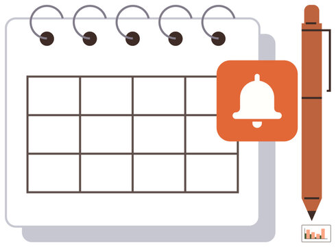 Desk calendar with rows and columns, orange reminder bell icon, pen, and graph. Ideal for planning, scheduling, productivity, organization, time management reminders simple flat metaphor