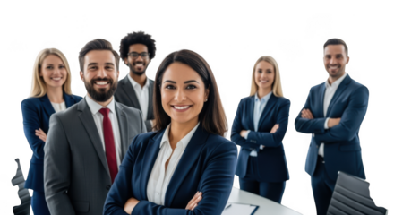 Diverse group of business professionals smiling and looking confident, isolated on transparent background