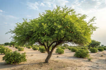 Fototapeta premium Small Amla Tree Surrounded by Bushes in Bright Daylight Natural Setting