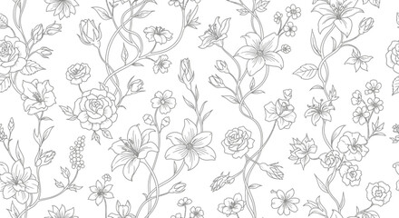 Seamless floral pattern featuring delicate line art of roses, lilies, and other blooming flowers with winding stems and leaves on a white background. © shankara