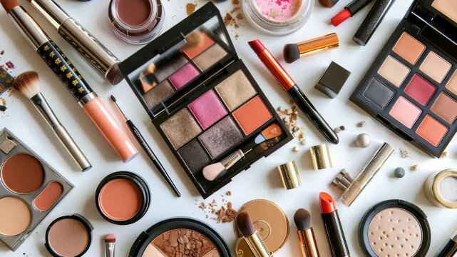 A diverse array makeup is presented on bright background. Palettes, brushes,, lipsticks are among items, with focus on color, texture. A stylish, organized cosmetic display