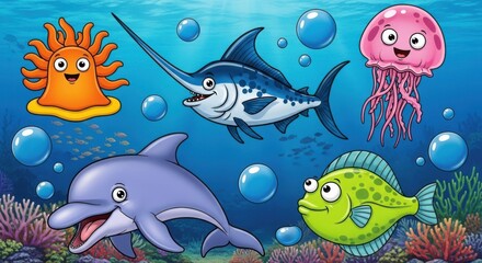 Cartoon sea animals in a vibrant underwater scene
