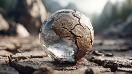 A cracked earth globe rests on parched ground.