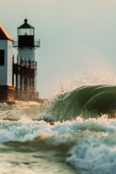 Wave crashing in front of lighthouse