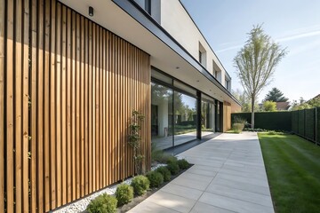 Modern House Exterior with Wooden Facade and Sliding Glass Doors, Spacious Patio and Lush Garden