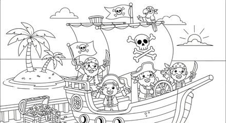 Obraz premium A cartoon pirate ship sails on the sea, crew waving, with treasure and an island in the background.