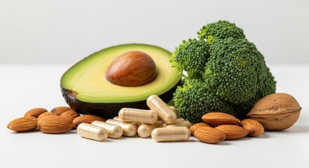 Healthy Diet: Avocado, Broccoli, Almonds, Walnuts, and Supplements
