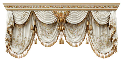 Elegant Ornate White and Gold Curtain with Fringes and Tassels, PNG