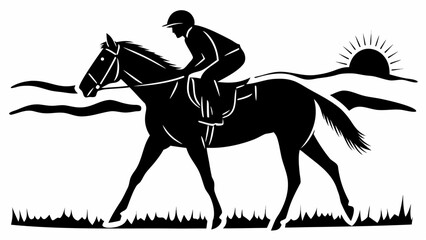 Fototapeta premium Silhouette of a horse and rider with sun and landscape in the background in black and white style | editable eps vectors