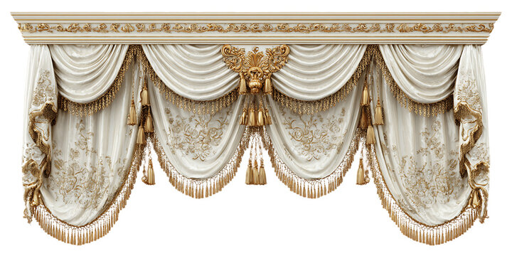 Elegant Ornate White and Gold Curtain with Fringes and Tassels, PNG