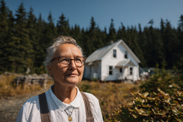elderly woman gazes reflectively at distant house embodying bittersweet nostalgia