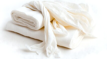 Neatly folded stack of paper tissues photographed on white surface, 85mm lens highlighting paper texture and clean edges under gentle lighting